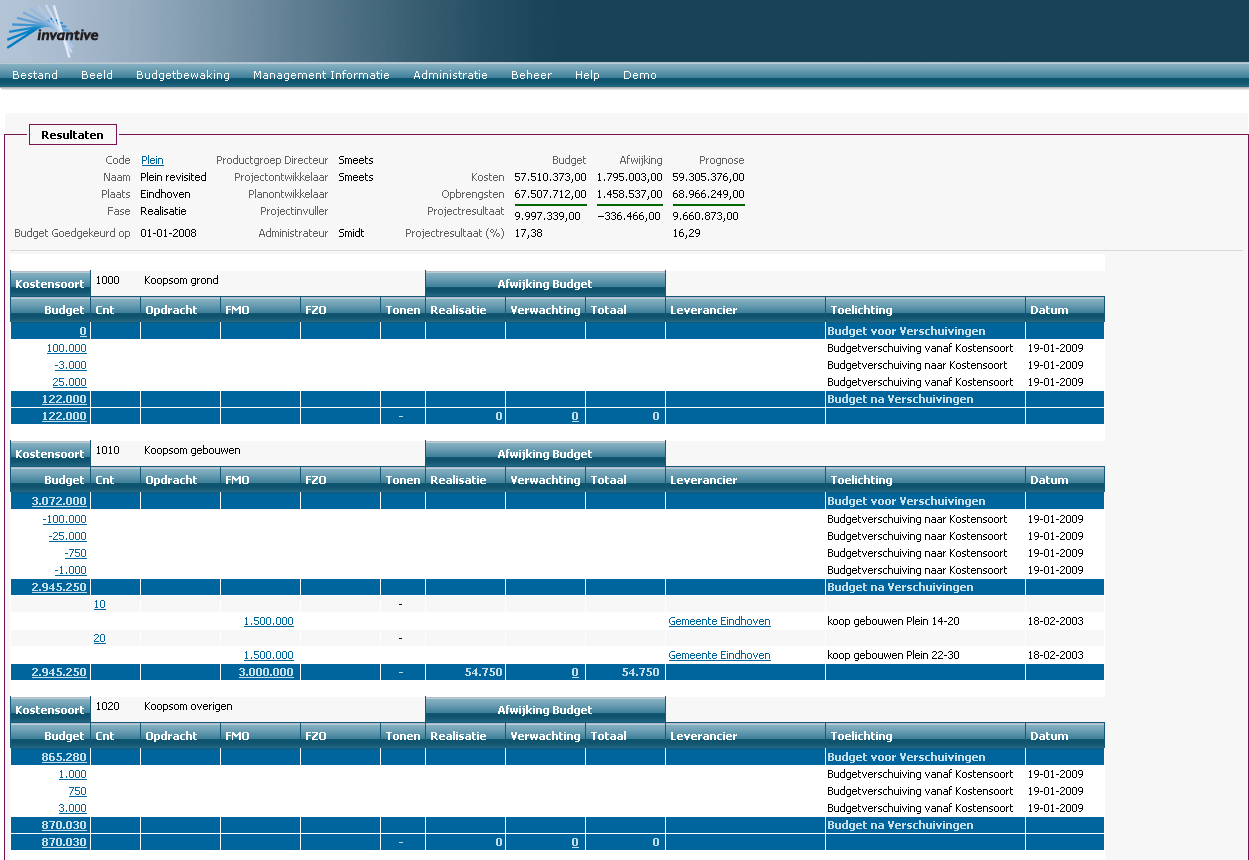 Workbench cost management project screen