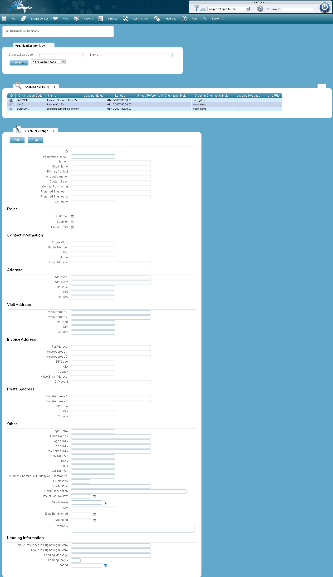 Organization Interface Screen