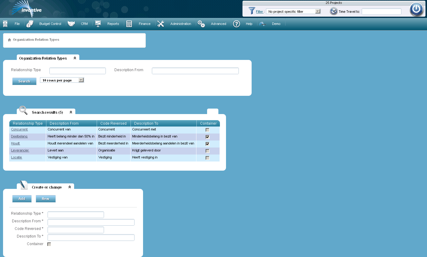 Types Organization Relations Screen