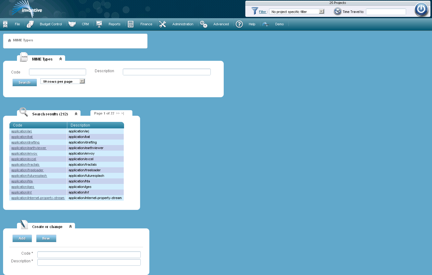 MIME types screen