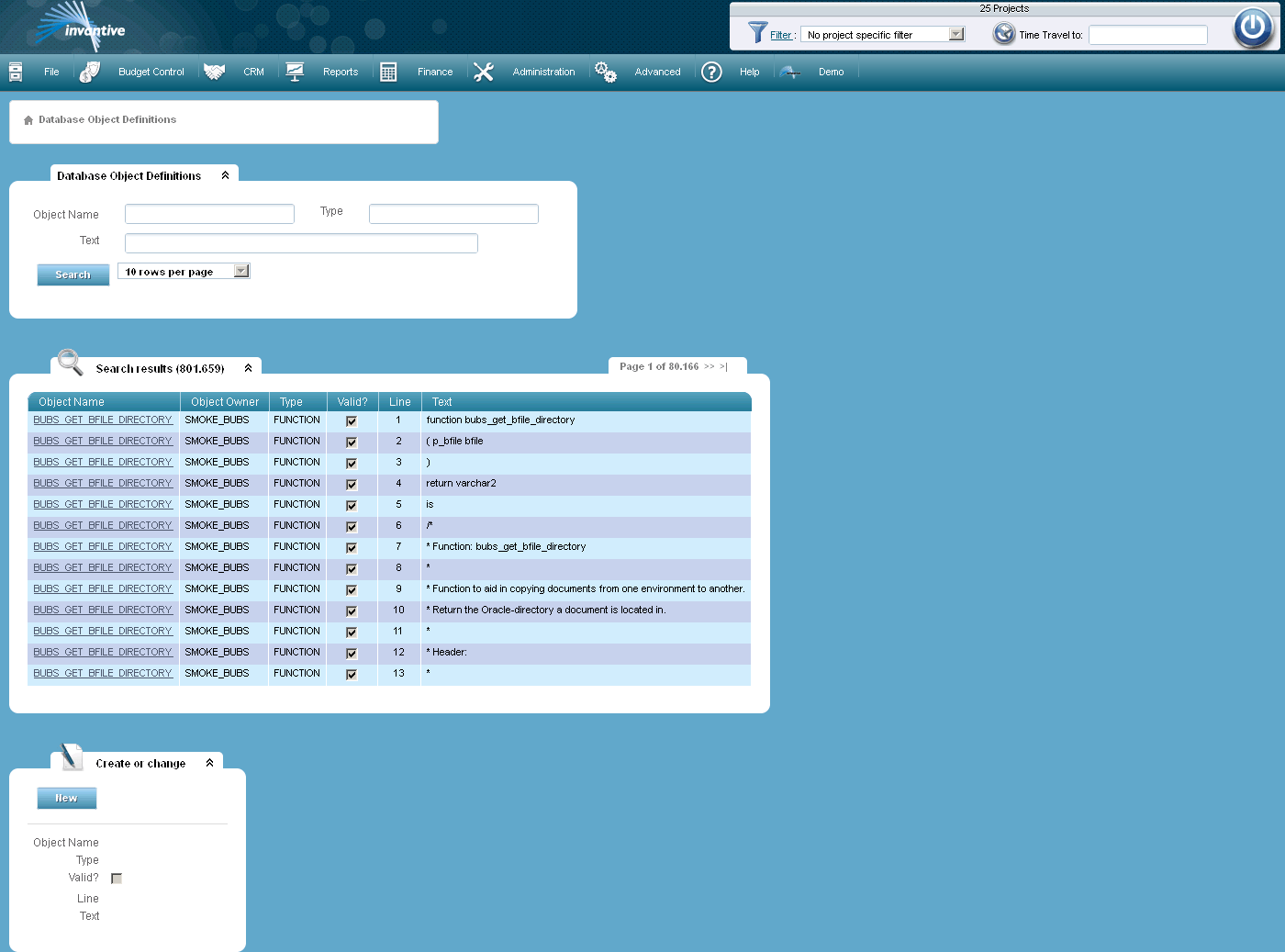 Definitions from database object screen