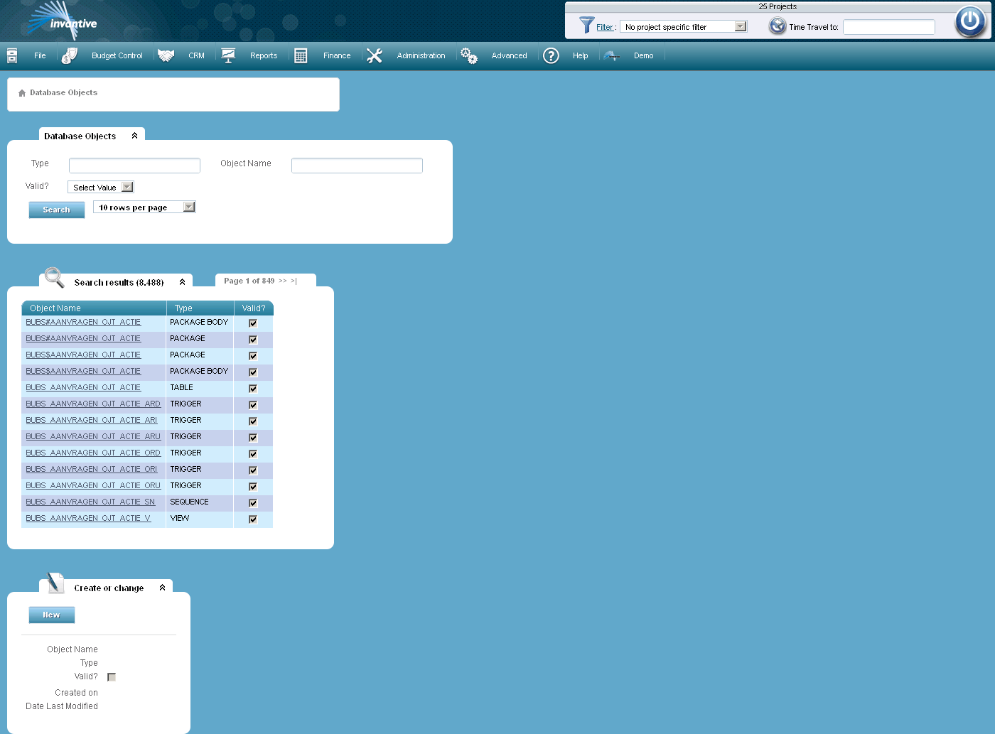 Database Objects Screen