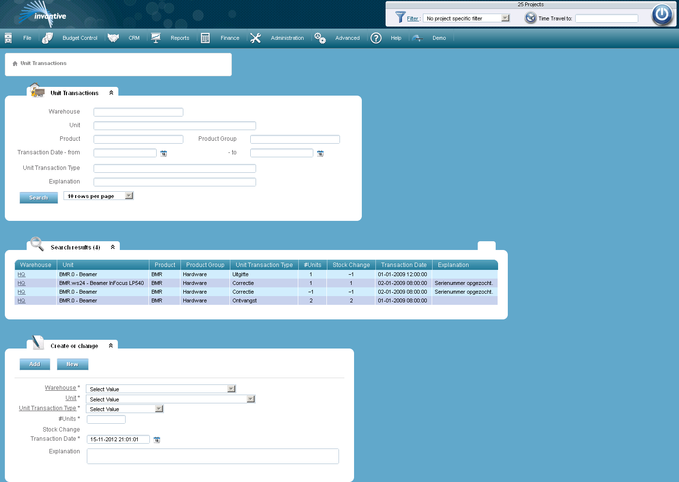 Transactions of Units Screen
