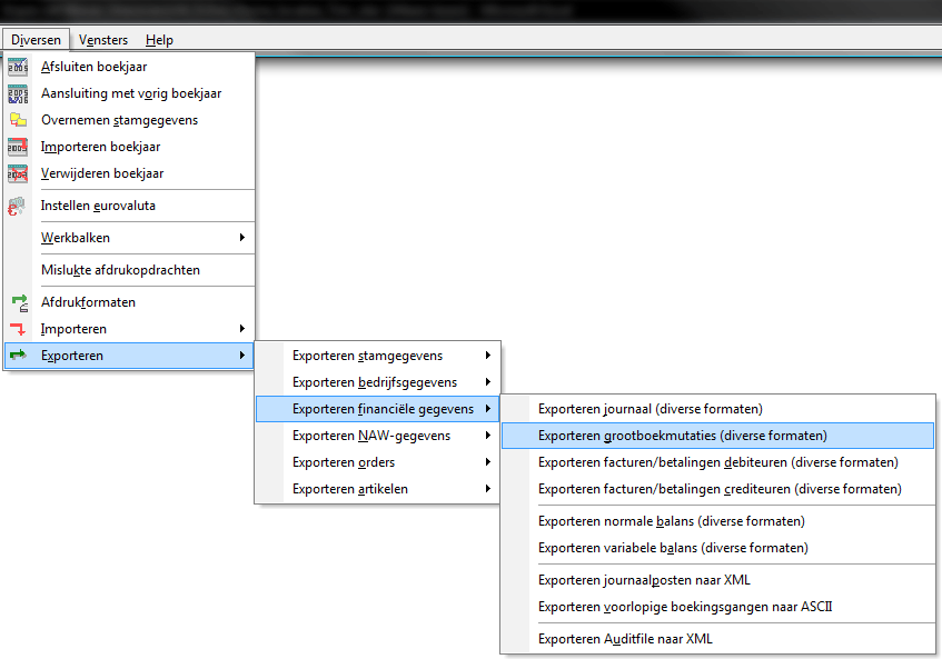 King Interface Screen: Export general ledger mutations.