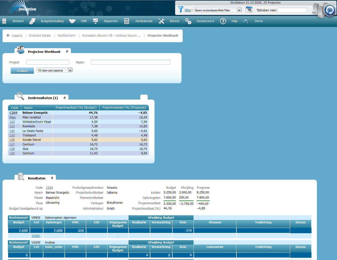 Projects Workbench with project details screen