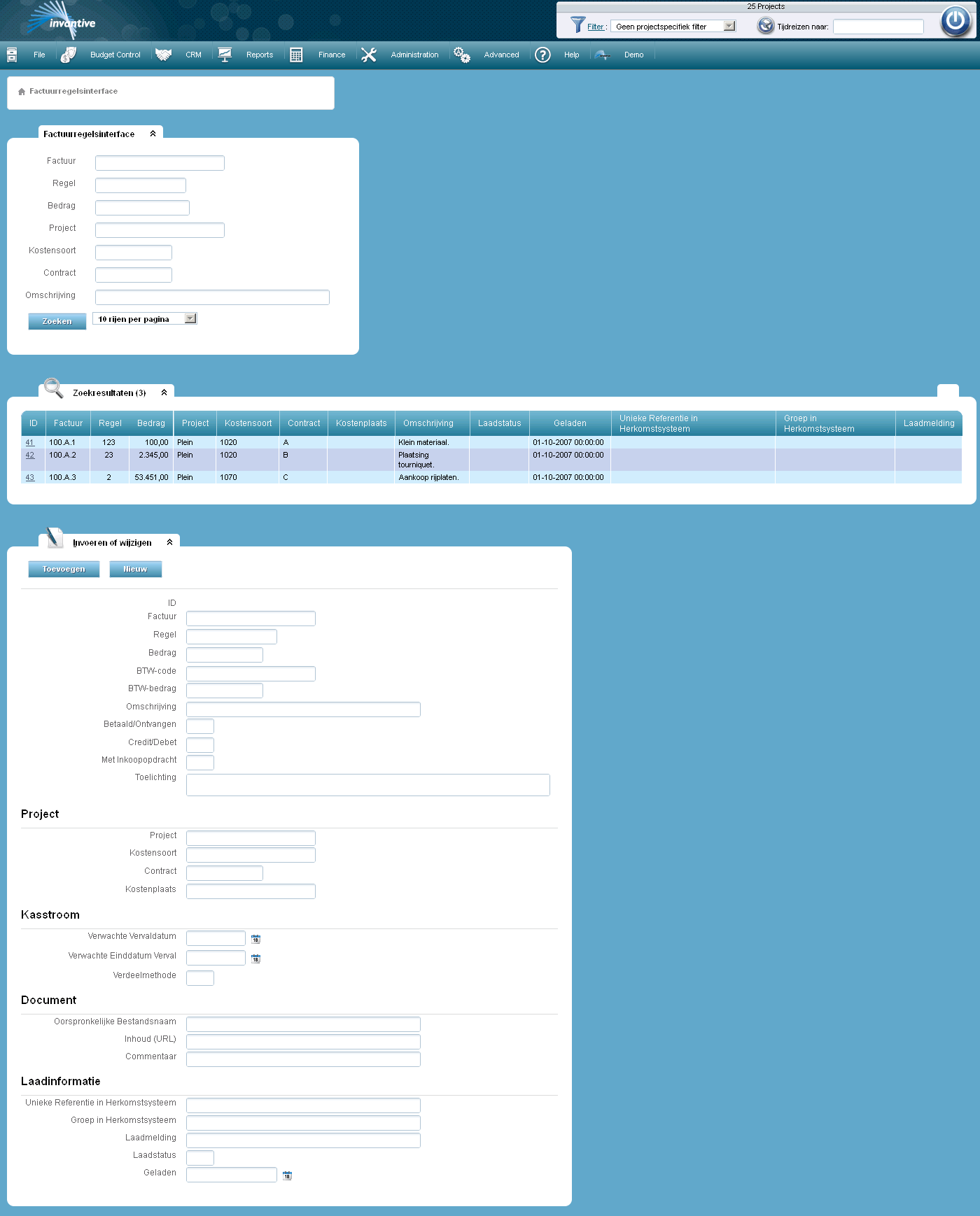 Scherm Interface Factuurregels