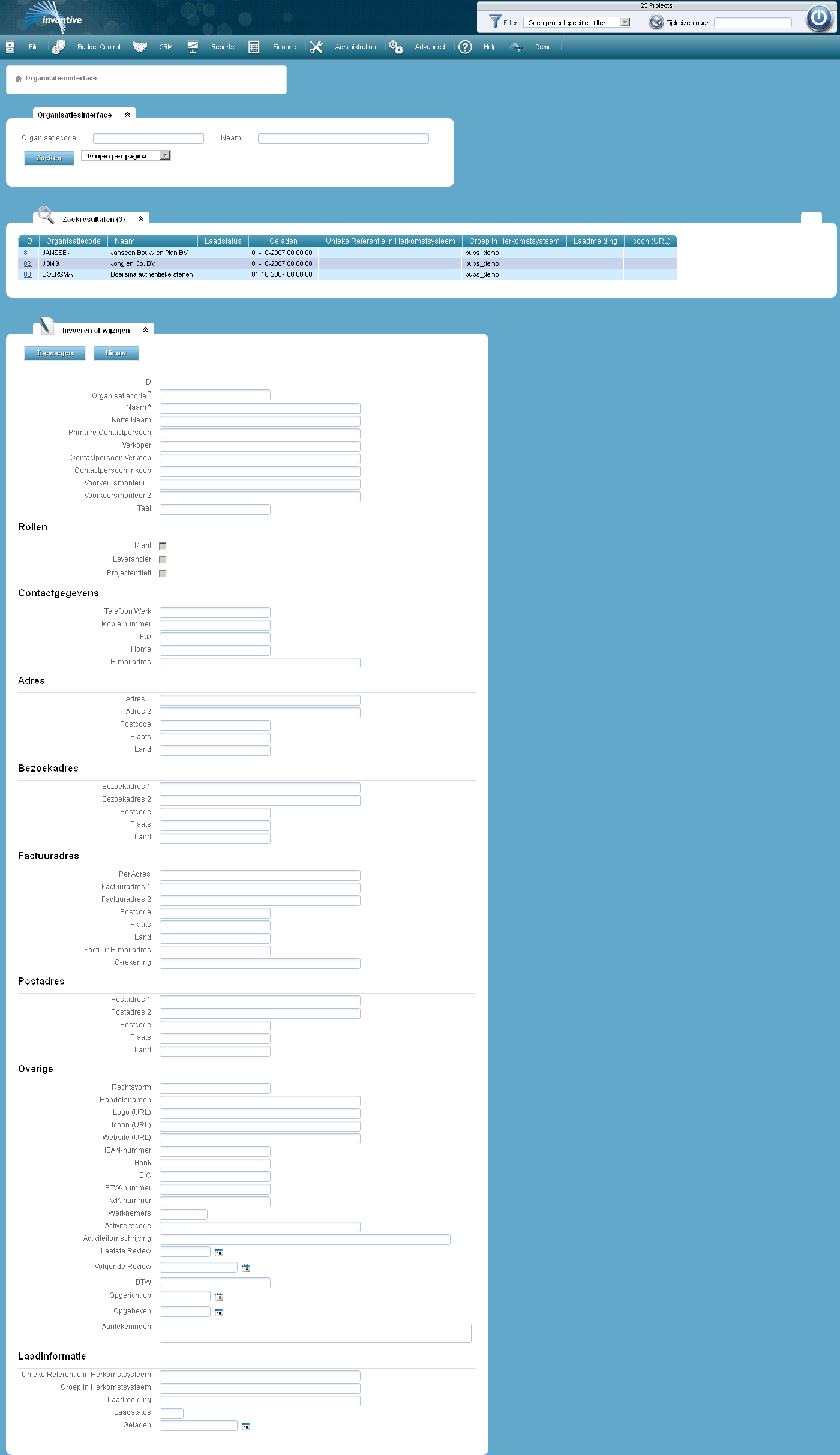 Scherm Interface Organisaties