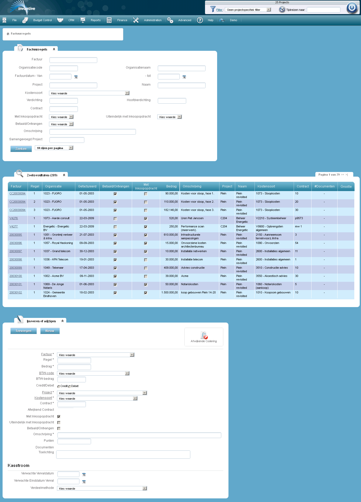 Scherm Factuurregels