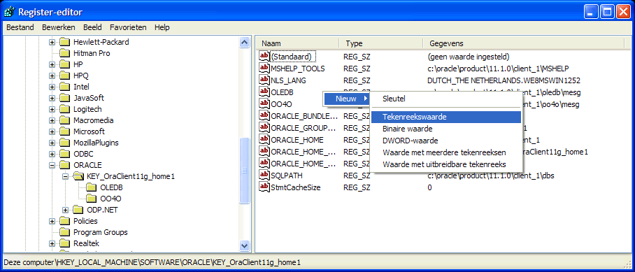 Installatie Oracle Client: register sleutel TNS_ADMIN