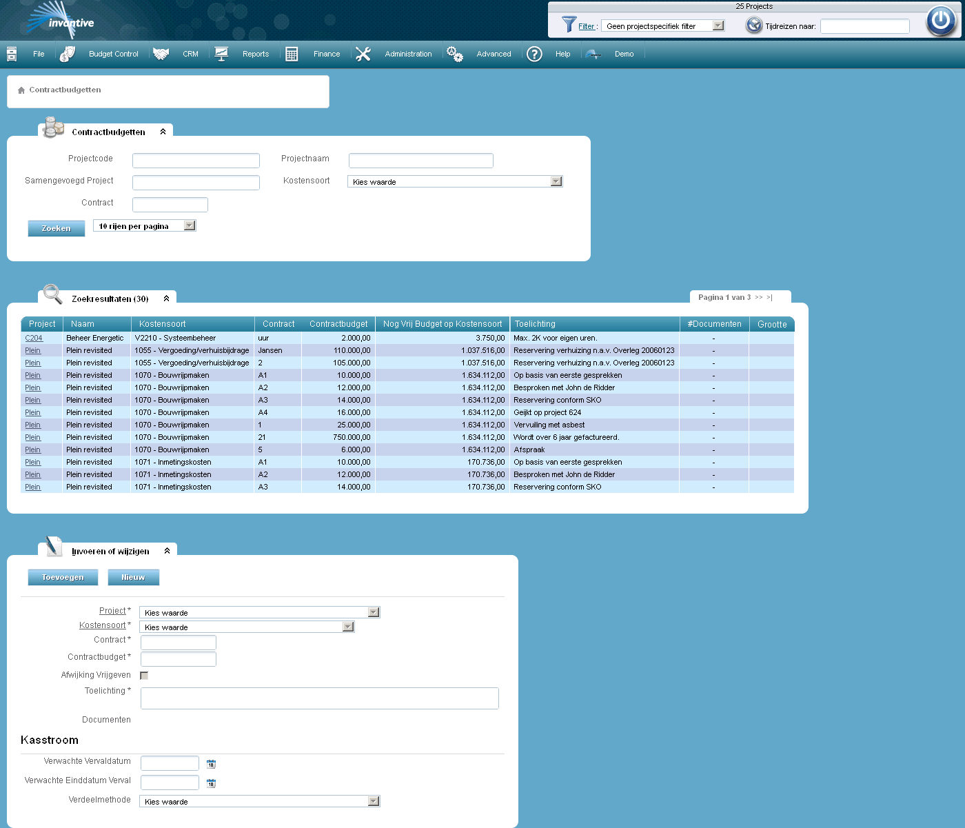 Scherm Contractbudgetten bij een contract op een project