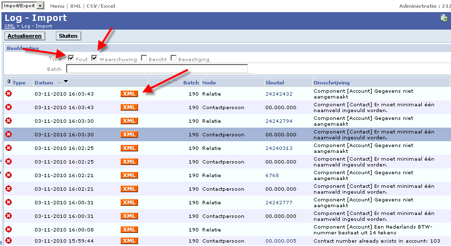 Scherm Exact Online koppeling: Log - Import