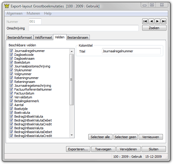 Scherm KING koppeling: Exporteren grootboekmutaties, instelling velden