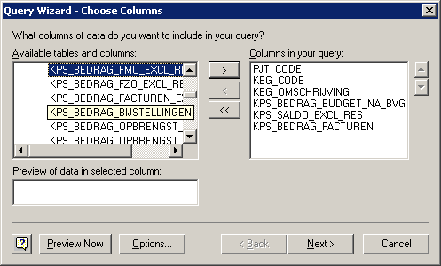 Scherm Microsoft Excel koppeling voor Invantive Vision: kies gewenste kolommen bedrijfsobject