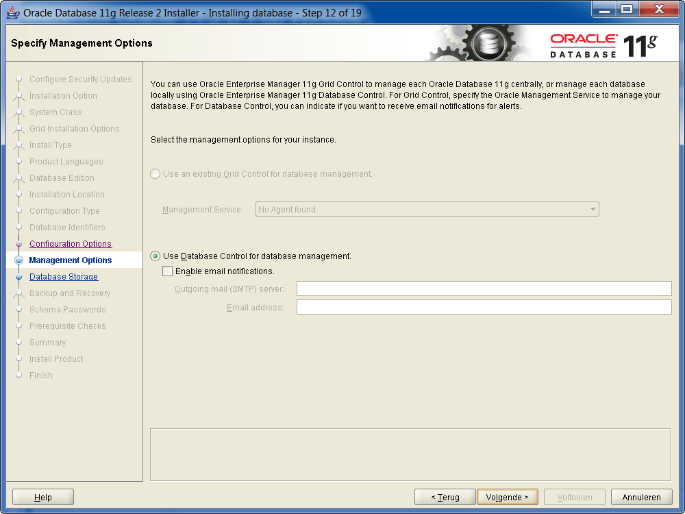 Installatie Oracle 11g R2 op Windows: Database Management Opties