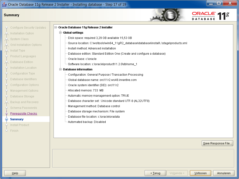 Installatie Oracle 11g R2 op Windows: Samenvatting