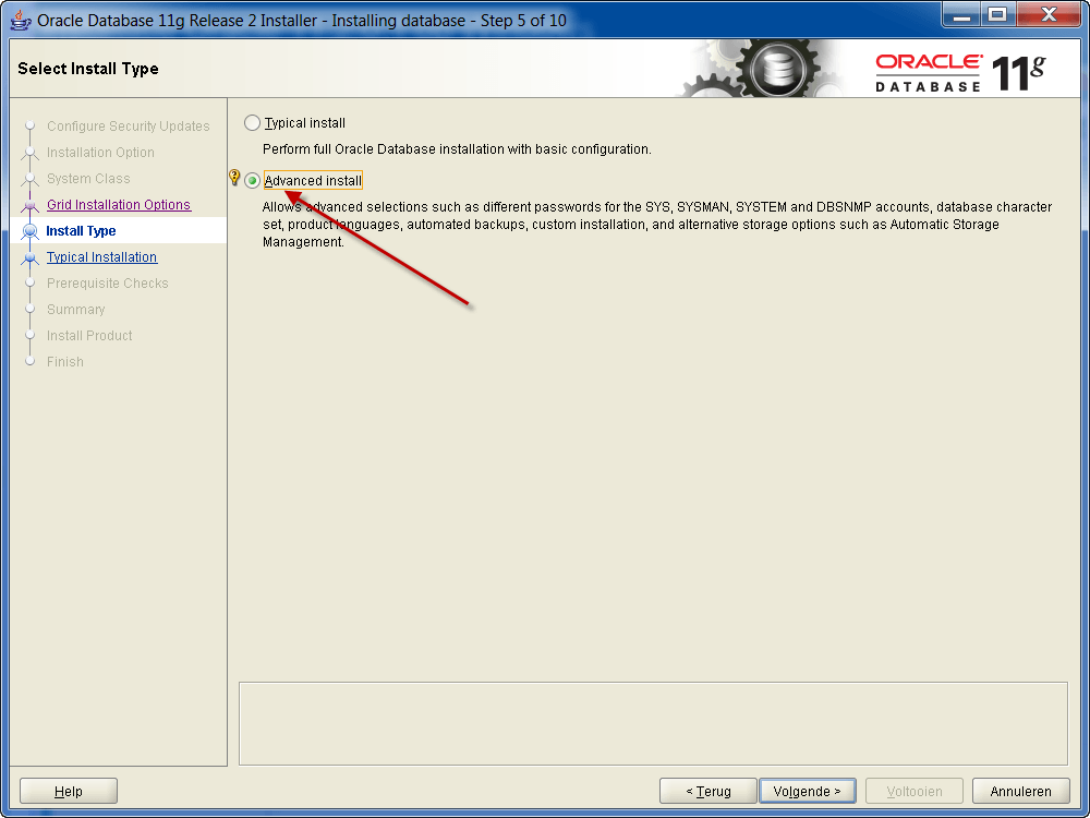 Installatie Oracle 11g R2 op Windows: geavanceerde installatie