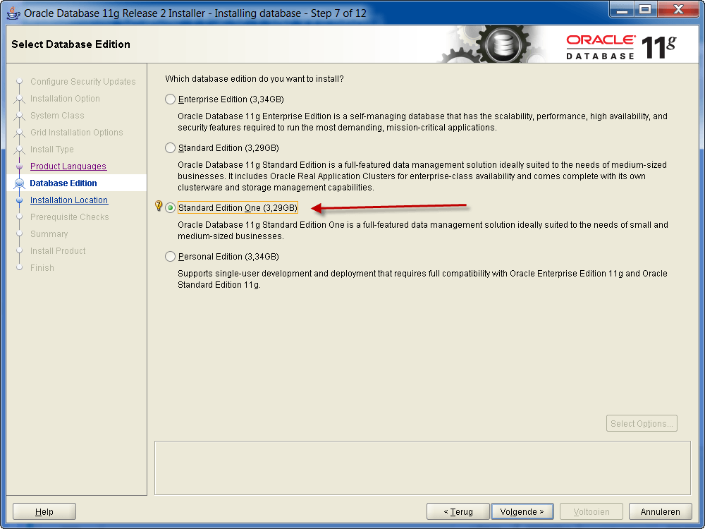 Installatie Oracle 11g R2 op Windows: Kies versie Standard Edition One