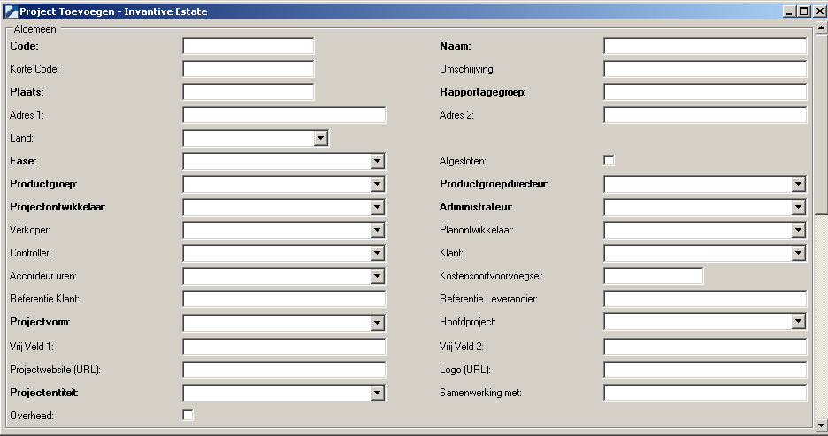 scherm outlook add in nieuw project toevoegen