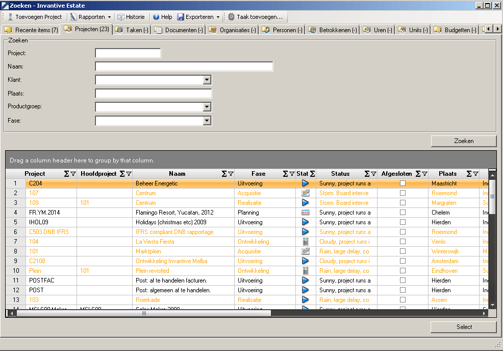 Scherm Outlook Add-in Zoeken van Projecten